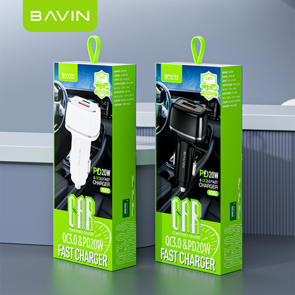 BAVIN PC876 38W Fast Charging PD QC 3.0 Dual Port Car Charger USB-C + USB-A For iPhone 17 series / Android
