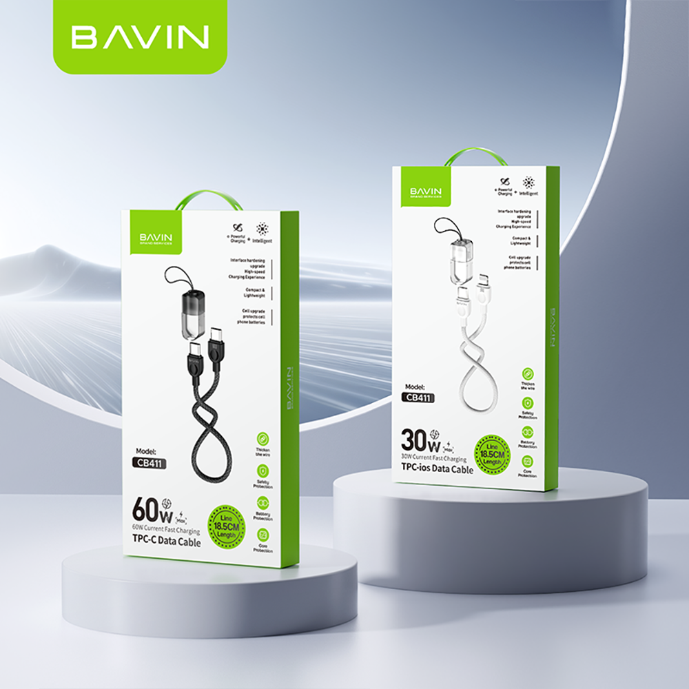 BAVIN CB411 Portable PD 60W Fast Charging 18.5cm Data Cable | Type-C to C / Type-C to iPhone | Lanyard Design Durable