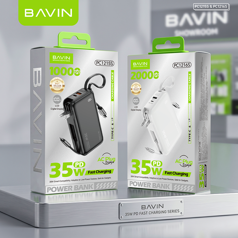 BAVIN PC1215 2-in-1 10000mAh/20000mAh 35W PD Fast Charging Powerbank w/ Built-in Dual Cables + AC Plug