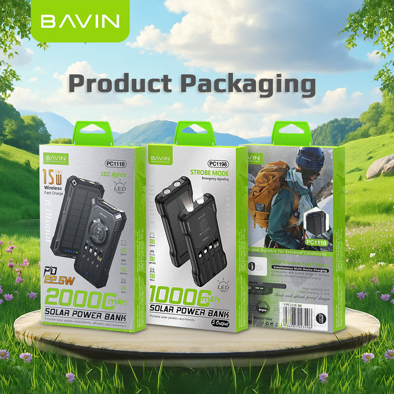BAVIN Y-PC1118 20000mAh w/ Wireless & Y-PC1198 10000mAh Solar Powerbank 22.5W Fast Charge Built-in Cables & LED Light
