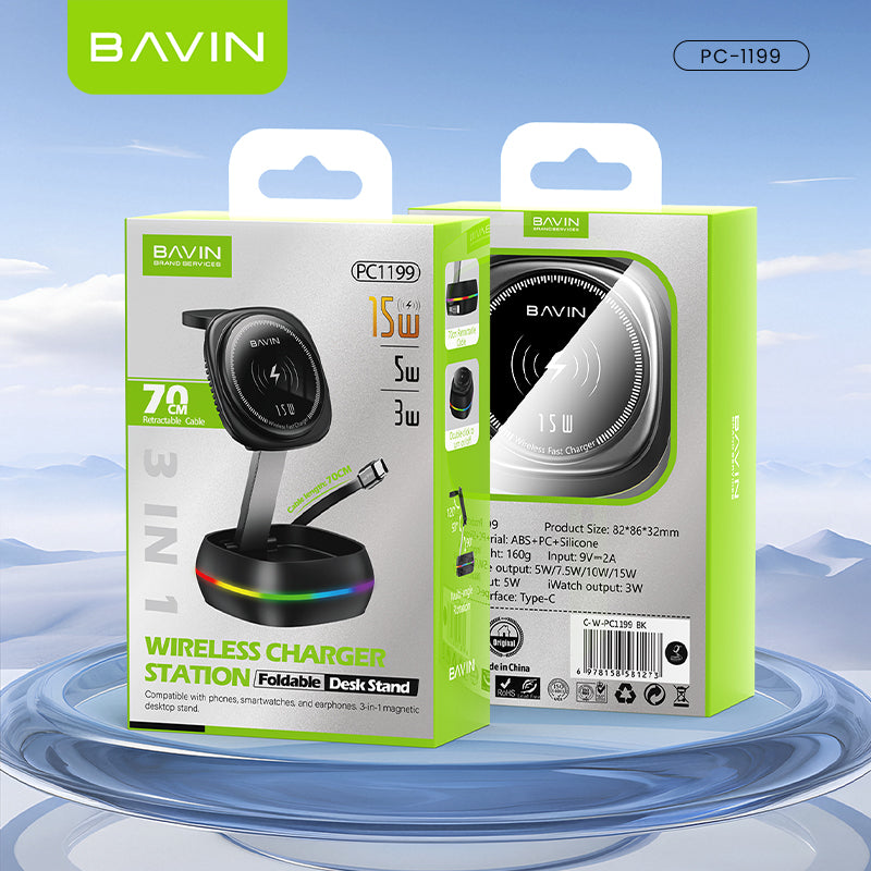BAVIN C-W-PC1199 3in1 Magnetic Wireless Charger 15W Retractable Type-C Input & Foldable Stand for Phone Watch & Earbuds