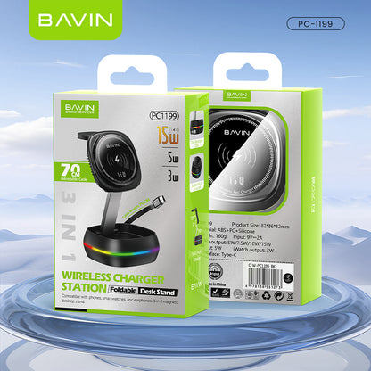 BAVIN C-W-PC1199 3in1 Magnetic Wireless Charger 15W Retractable Type-C Input & Foldable Stand for Phone Watch & Earbuds