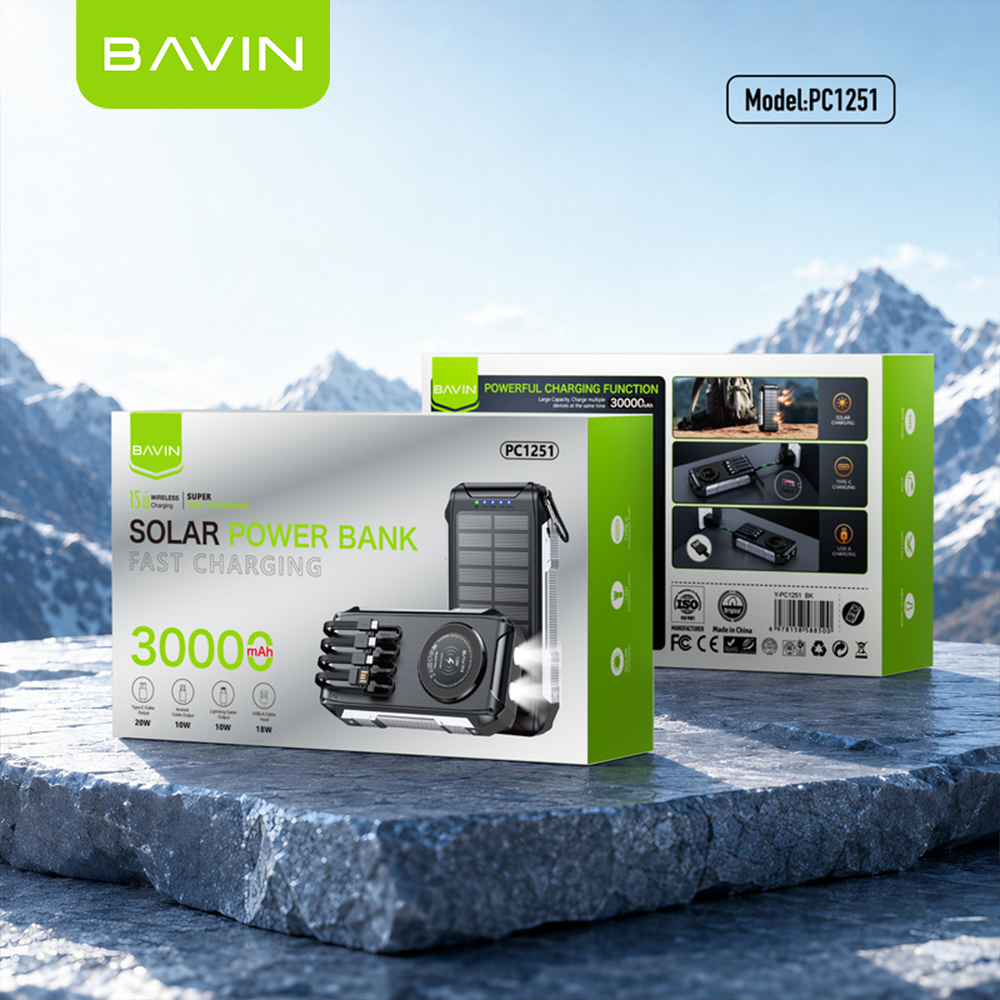 BAVIN PC1251 30000mAh Solar Power Bank PD 22.5W Fast+15W Wireless Charge w/ Cables, LED Light, 3 Output