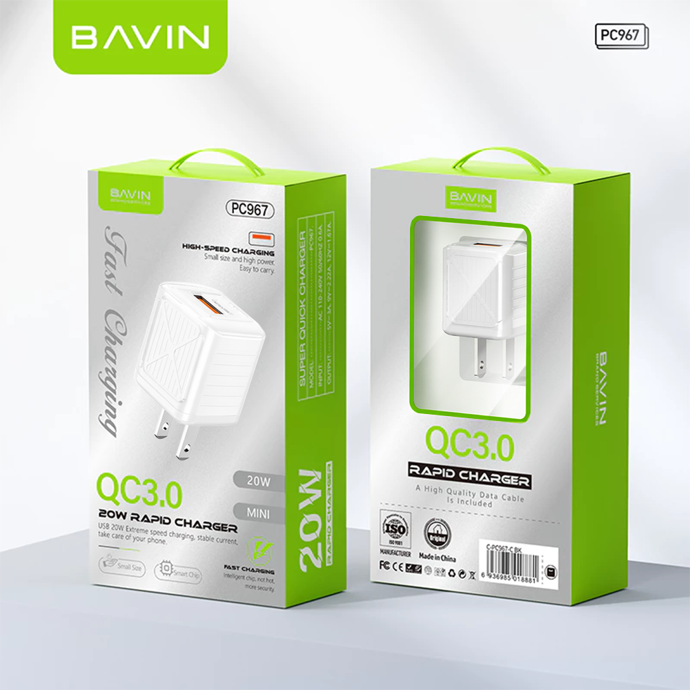 BAVIN PC967 PD 20W Mini Fast Charger Adapter w/ Intelligent Micro Chip for iPhone 16 & Android Phones