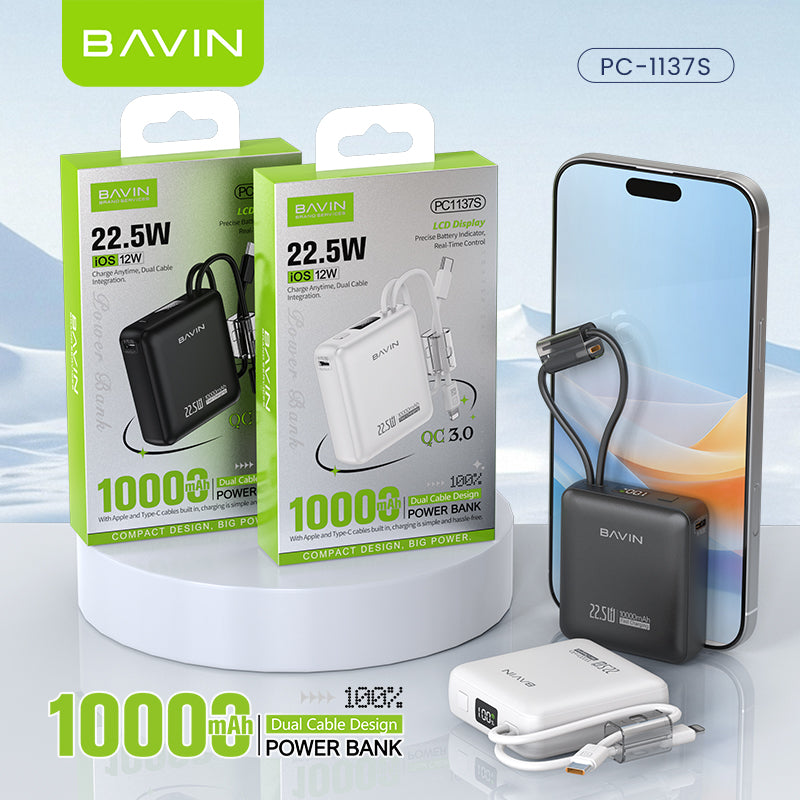 BAVIN PC1137 10000mAh Mini Powerbank 22.5W Fast Charging w/ Built-in Cables Compatible for Android & iPhone 6-17 Series