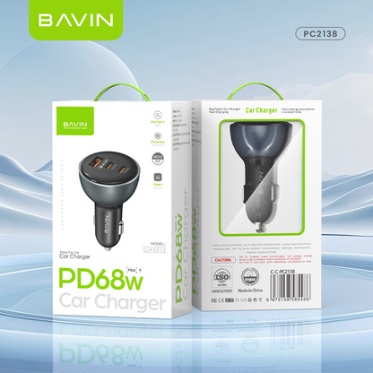 BAVIN PC2138 68W PD Fast Charging Car Charger w/ 25W 2x Type-C + 18W USB Ports QC3.0 for Phone