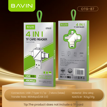 BAVIN U-O-87 4-in-1 Type-C / iPhone / Micro / USB 2.0 OTG Adapter & Card Reader TF/Micro SD Compatible iPhone 17 Series, 480Mbps