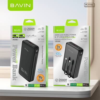 BAVIN PC1112S 20000mAh / 25000mAh 100W Fast Charging Powerbank w/ Built-in Cables, Supports Phones & Laptop