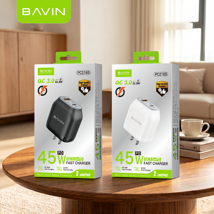 BAVIN PC2165 45W PD QC3.0 USB-C+22.5W USB Fast Charging Charger w/ 1M Cable for iPh 17/Android/Laptop