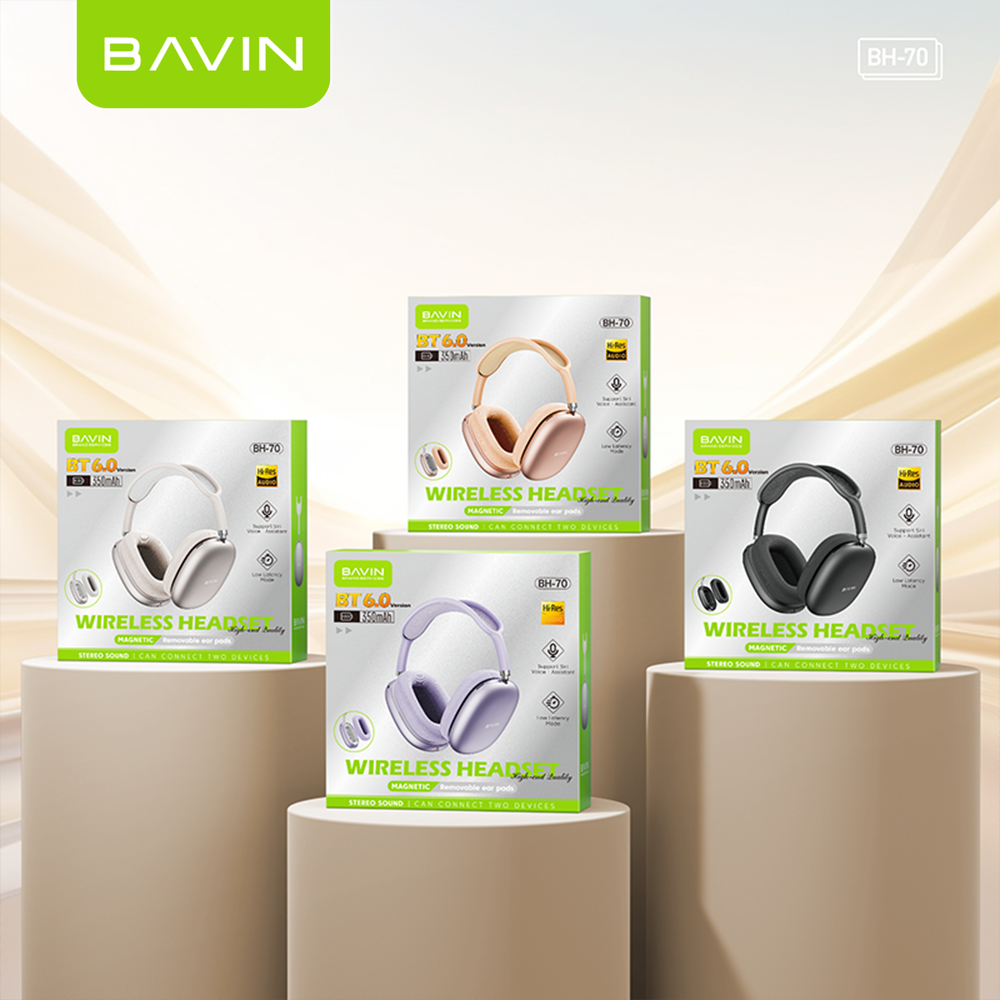 BAVIN HB-BH70 Wireless Bluetooth 6.0 Headphones |40mm Hi-Res Headset w/ Magnetic removable Earpads