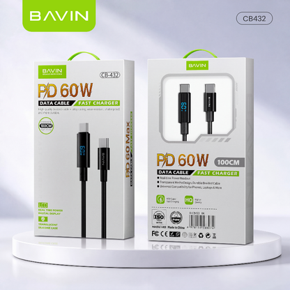 BAVIN CB432 60W PD USB C Fast Charging Data Cable 1M w/ LED Digital Display, Braided Nylon For iPhone 18