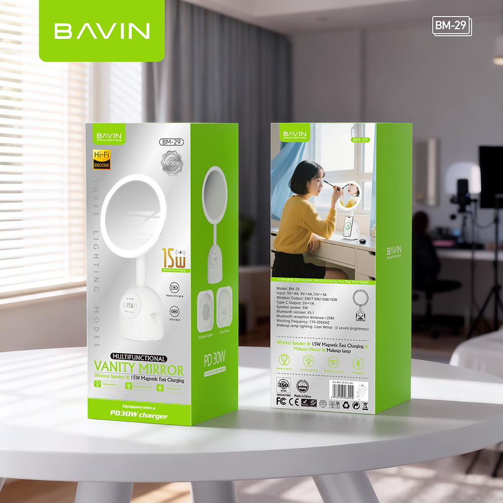 BAVIN BM29 Multifunctional Makeup Mirror Bluetooth Speaker w/ 15W Magnetic Wireless Fast Charging + Freebie 30WPD Charger