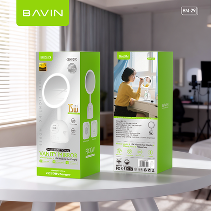 BAVIN BM29 Multifunctional Makeup Mirror Bluetooth Speaker w/ 15W Magnetic Wireless Fast Charging + Freebie 30WPD Charger