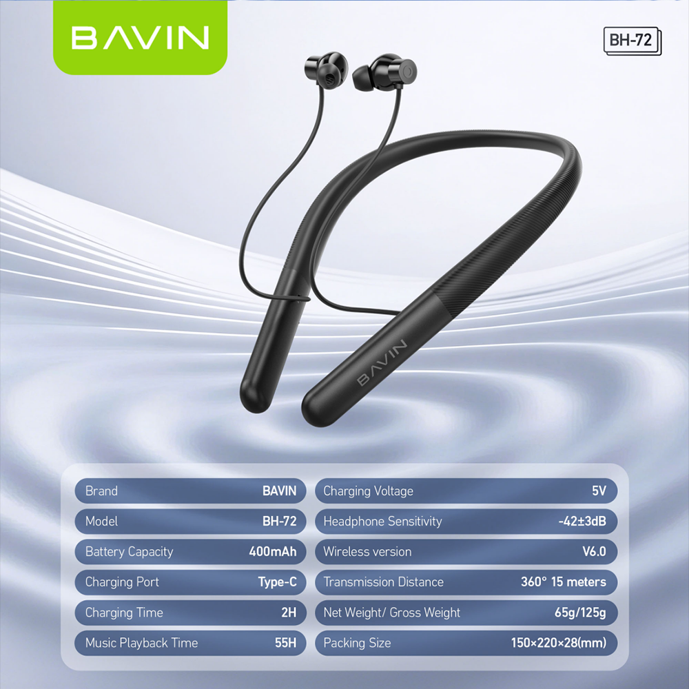 BAVIN BH72 HiFi Bluetooth 6.0 Wireless Magnetic Neckband Sports Headphones 55H Playtime Built-in Mic