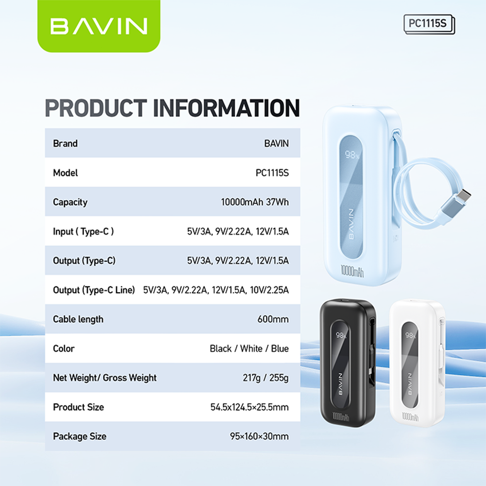 BAVIN PC1115 PD20W & 22.5W Fast Charging Powerbank 10000mAh w/ Built-In Cable Type-C for iPhone 16