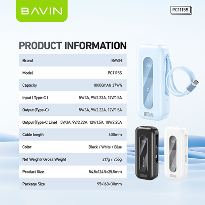 BAVIN PC1115 PD20W & 22.5W Fast Charging Powerbank 10000mAh w/ Built-In Cable Type-C for iPhone 16