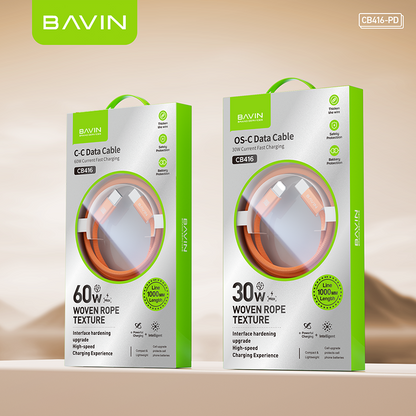 BAVIN CB416 Fast Charging PD 60W Braided 1M Data Cable Type-C to Type-C/Type-C to iPhone|480 Mbps Compatible with iPhone 15-17 & Type-C Devices