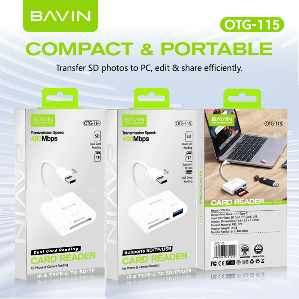 BAVIN O114 3-in-1 Memory Card Reader OTG Adapter iPhone & Type-C to USB,SD,TF Card Slot for Phone,Laptop