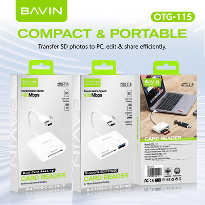 BAVIN O114 3-in-1 Memory Card Reader OTG Adapter iPhone & Type-C to USB,SD,TF Card Slot for Phone,Laptop