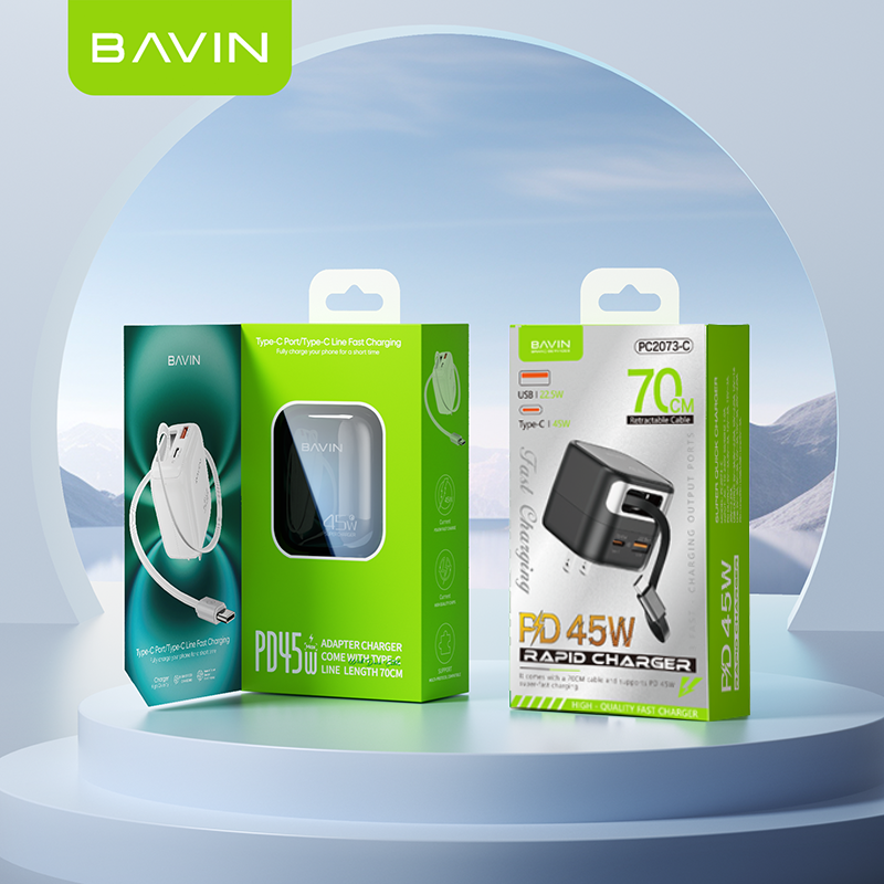 BAVIN PC2077 PD 45W QC 3.0 Portable Fast Charging Adapter w/ 70cm Retractable Cable + Foldable AC Plug for Laptop/Phones