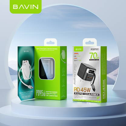 BAVIN PC2077 PD 45W QC 3.0 Portable Fast Charging Adapter w/ 70cm Retractable Cable + Foldable AC Plug for Laptop/Phones
