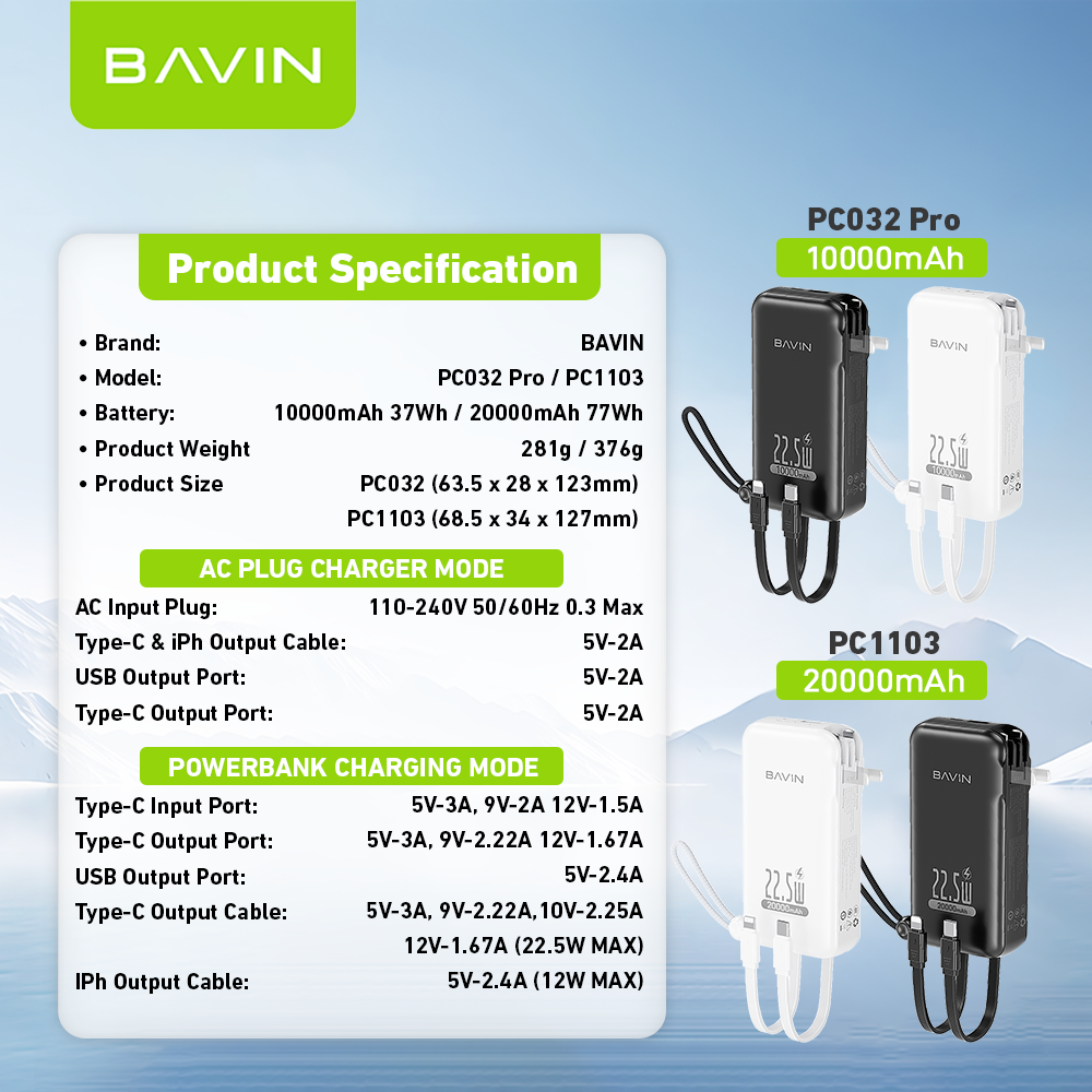 BAVIN Y-PC032 Pro / Y-PC1103 2-in-1 Charger & Powerbank 10000/20000mAh 22.5W Fast Charging w/ Dual Cables & Foldable AC Plug