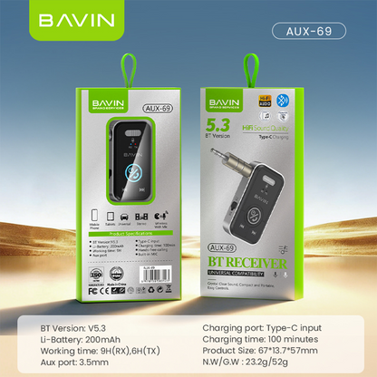 BAVIN AUX69 Hi-Fi Bluetooth 5.3 Wireless Audio Receiver Adapter w/ Built in Mic & 3.5mm AUX Jack for Car & Home Audio