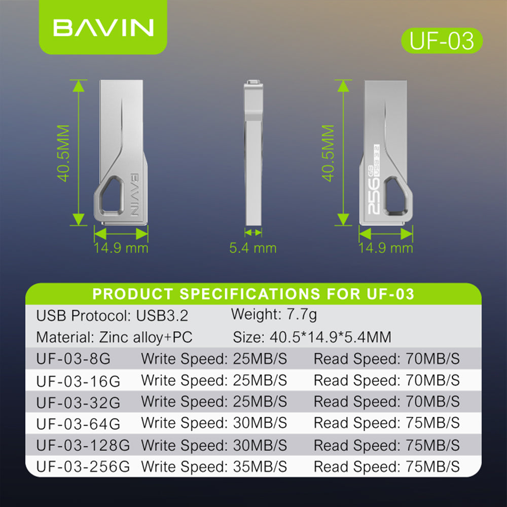 BAVIN UF03 USB 3.2 Flash Drive High-Speed Plug & Play Storage w/ Fast Data Transfer for Computer