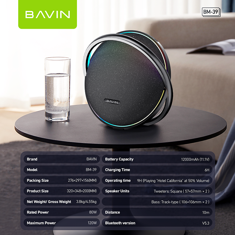 BAVIN BM39 100W Portable Bluetooth Wireless Speaker w/12000mAh Powerbank Function for Home & Outdoor