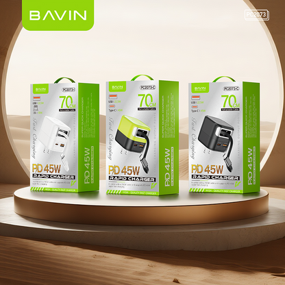 BAVIN C-PC2073 45W PD Fast Charger w/ Built-in Retractable Type-C & iPh Cable, Compatible w/ Smartphone / Laptop & Tablets