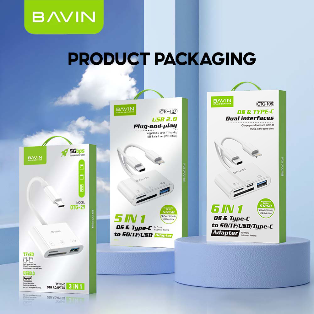 BAVIN O29 / O108 6in1 OTG Card Reader Adapter Type-C and iPhone To TF/SD+USB w/ 5Gbps Transmission