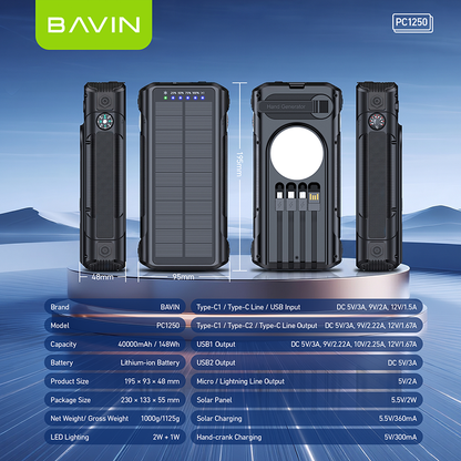 BAVIN PC1250 Portable Multifunctional 40000mAh PD 22.5W Fast Charge Solar Powerbank Built-in Cables