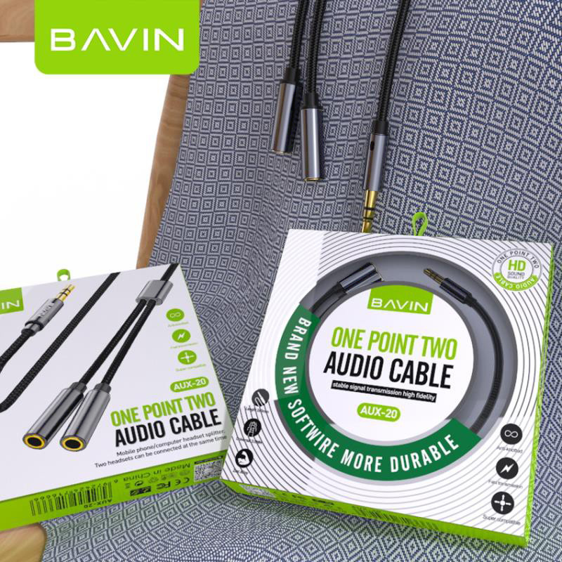 BAVIN AUX20 3.5mm Jack Audio Splitter 25cm Length Wire w/ 3.5mm Input & 2x 3.5mm Output