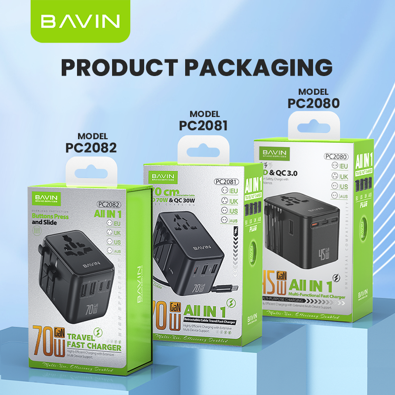BAVIN PC2080 70W / 45W PD GaN Fast Charging Adapter & Multi-Port Universal Plug Charger for Laptop, Phones & Tablets