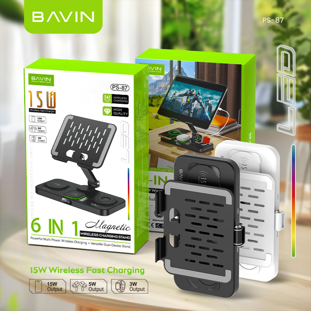 BAVIN D-S-PS87 6in1 Magnetic 15W Wireless Charging Stand w/ LED Light for Phone, Earbuds & Watch