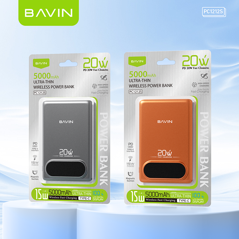 BAVIN PC1212 5000mAh 15W Fast Charging Magnetic Powerbank w/Smart TFT Display+Ultra Thin for iPhone 15-17