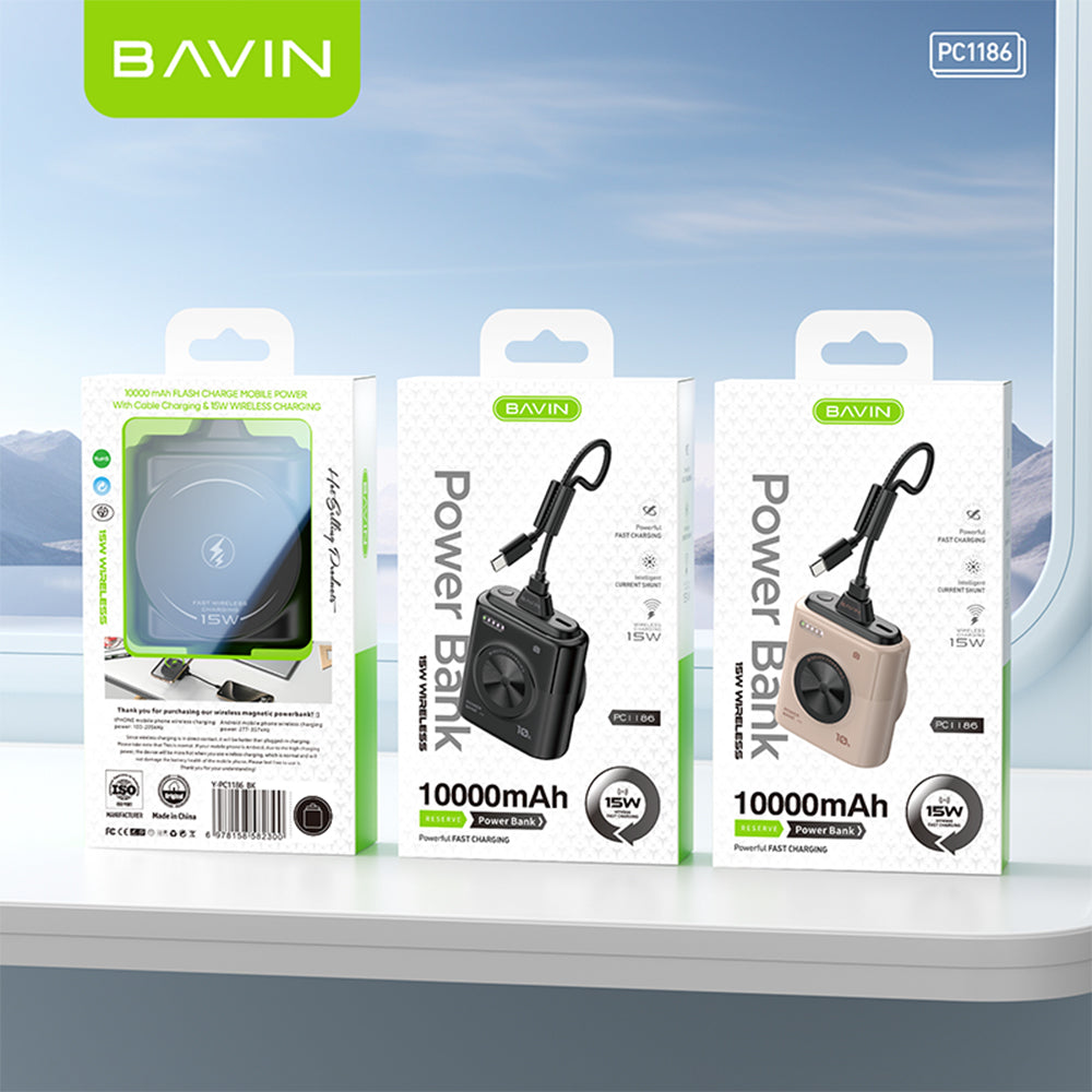 BAVIN Y-PC1186 10000mAh Mini Portable Magnetic Powerbank Wireless 15W Fast Charging w/ Detachable Dual Type-C Data Cable