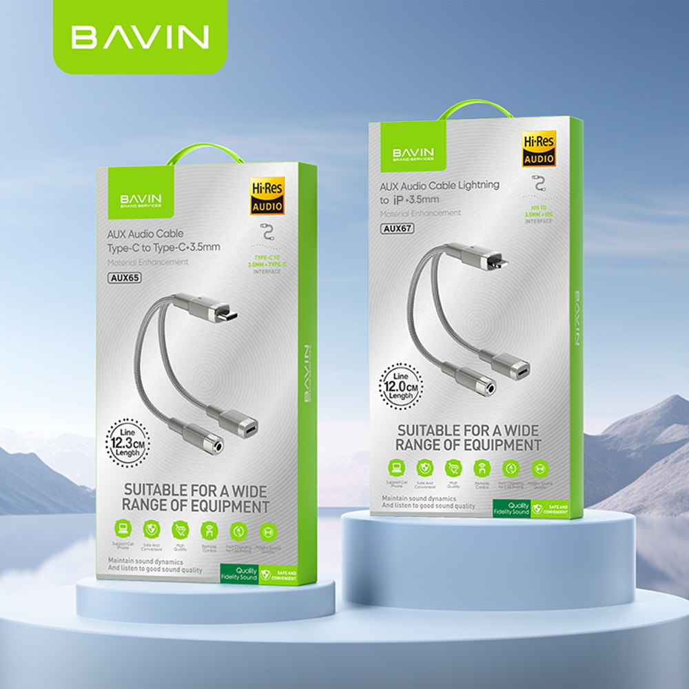 BAVIN AUX62 2-in-1 Hi-Fi Audio & Charge Cable w/iPhone, Type-C to 3.5mm Adapter for Android & iPhone Devices