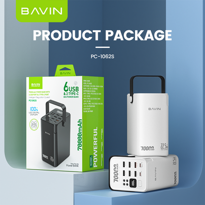 BAVIN Y-PC1062 70000mAh QC 3.0+PD 20W Powerbank w/ 6 USB & 2 Type-C Ports