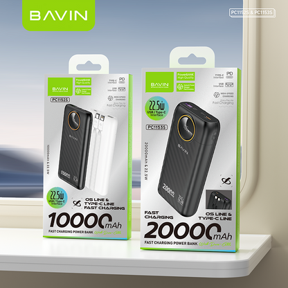 BAVIN PC1152 10000mAh / PC1153 20000mAh 22.5W Fast Charging Powerbank w/ LED Display+ Built-in Cable