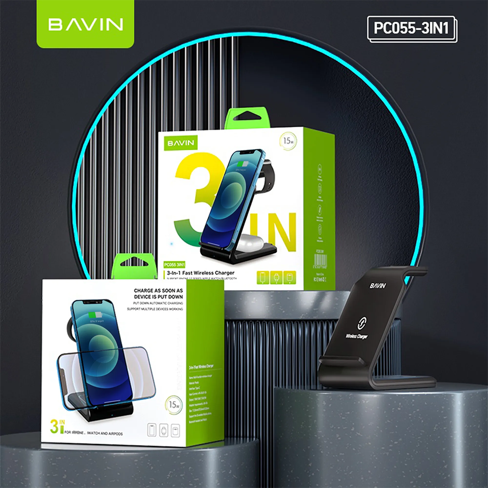 BAVIN PC055 3in1 Multifunctional Phone Stand w/ 15W Wireless Charger for iPhone Watch & Earbuds