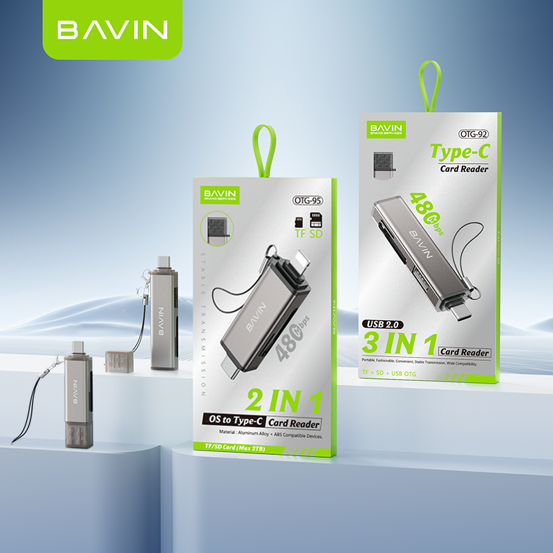 BAVIN O92 3-in-1 USB2.0 Portable Card Reader TF + SD + USB OTG w/480Mbps For Laptop, Smartphone, Tablet & OTG Supported