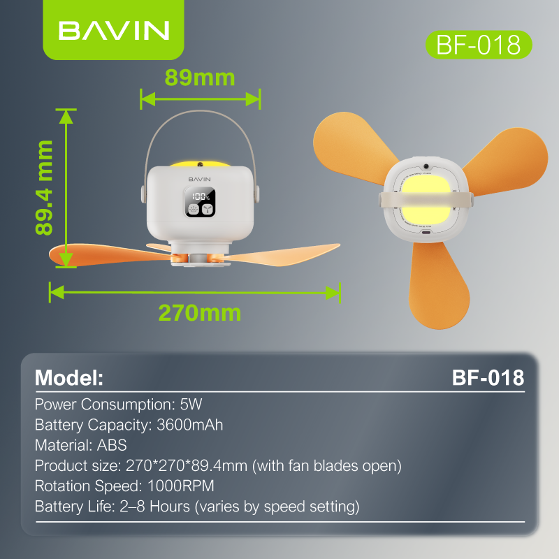 BAVIN BF018 5-in-1 Portable Outdoor Ultra Quiet Type-C Rechargeable Ceiling Fan w/ Light, Remote Control
