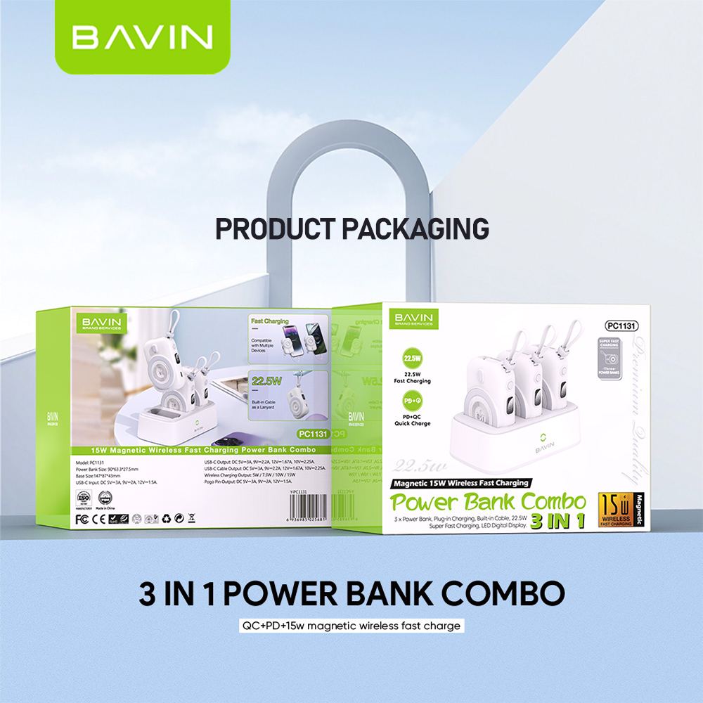 BAVIN Y-PC1130 10000mAh Docking Station Magnetic Wireless Powerbank w/ Built-in Cable