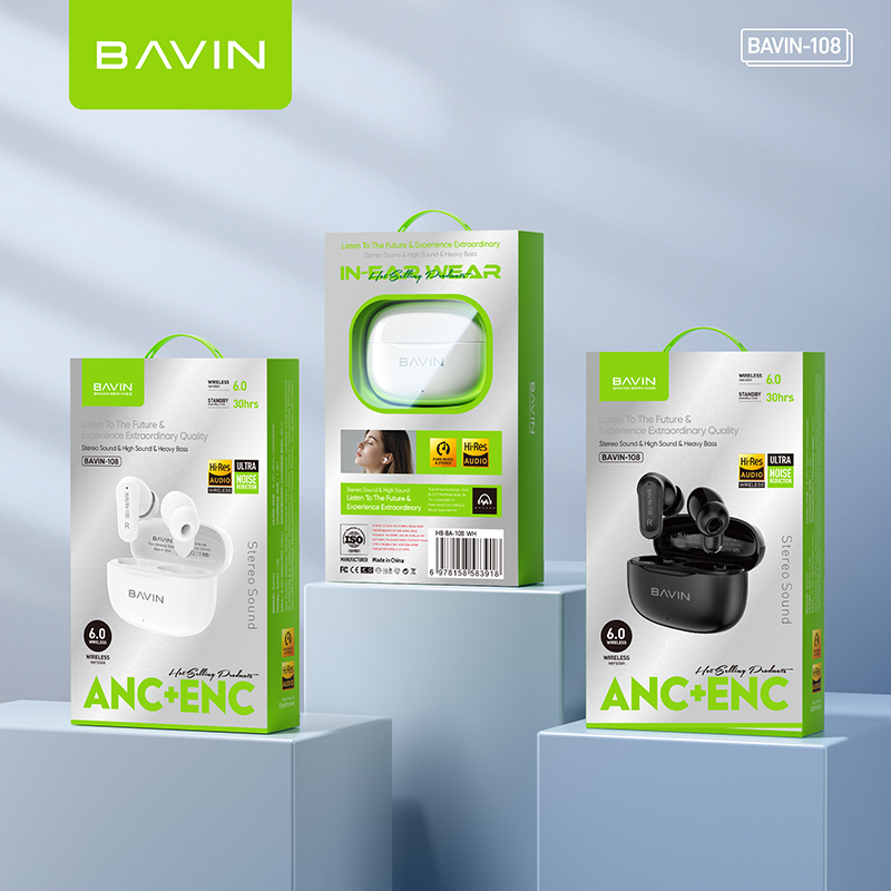 BAVIN BA108 Hi-Res Audio Wireless Bluetooth 6.0 Earbuds ANC+ENC Noise Reduction |Long Battery Life