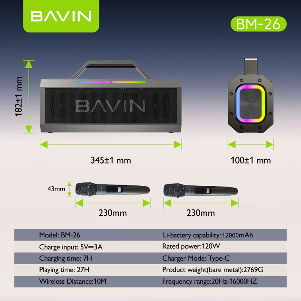 BAVIN BM26 Outdoor Bluetooth Speaker Splash-Proof & Durable with 2 Wireless Microphones