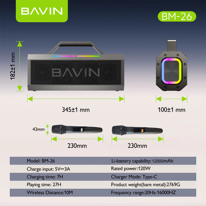 BAVIN BM26 Outdoor Bluetooth Speaker Splash-Proof & Durable with 2 Wireless Microphones