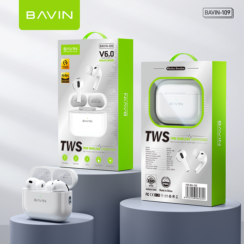 BAVIN BA109 Hi-Res Audio TWS Wireless Bluetooth 6.0 Earphones w/ Microphone & 30 Hours Playtime
