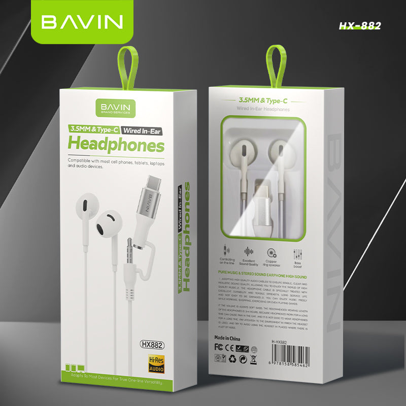 BAVIN HX882 2-in-1 Wired In-Ear Earphones w/ 3.5mm + Type-C Dual Connectors, Hi-Res Audio w/ Volume Control & Microphone