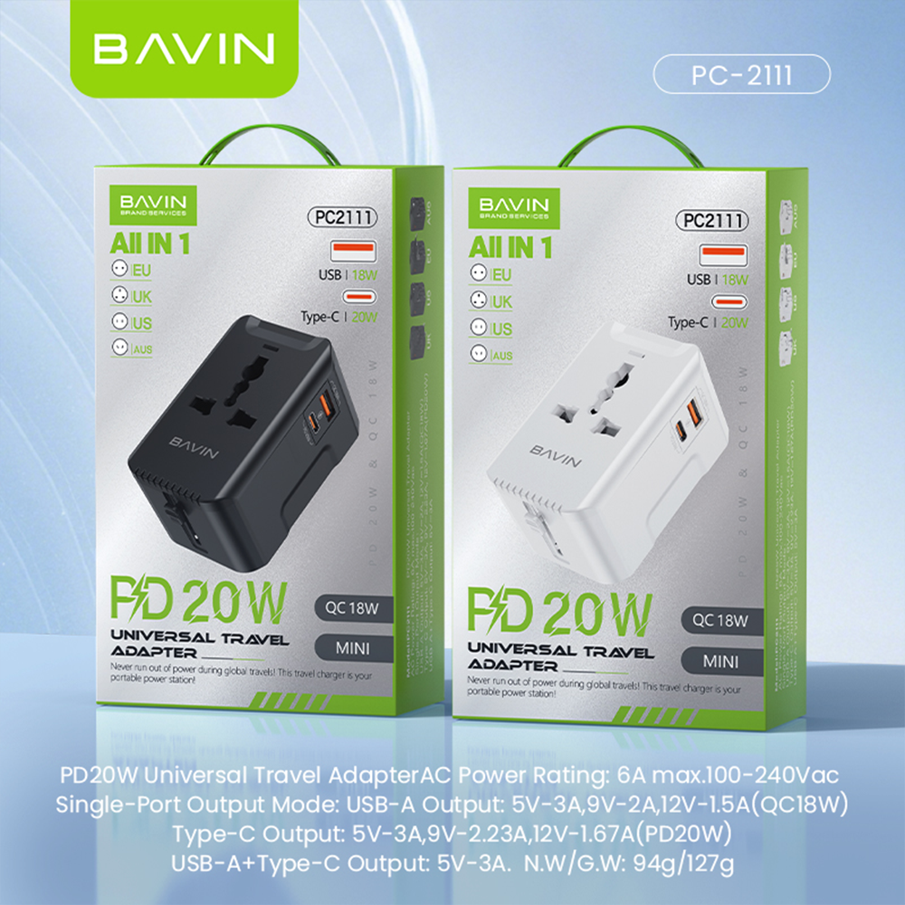 BAVIN PC2111 Universal Travel Adapter 20W Fast Charger USB-A + Type-C + QC | Multi-Port Plug w/LED Light